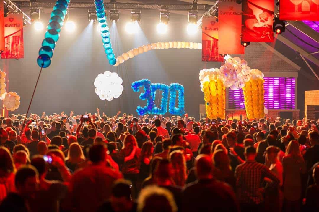 Crowd interaction with large balloon beer glass during the Bavaria 300 Jaar brand activation in Lieshout (2019)
