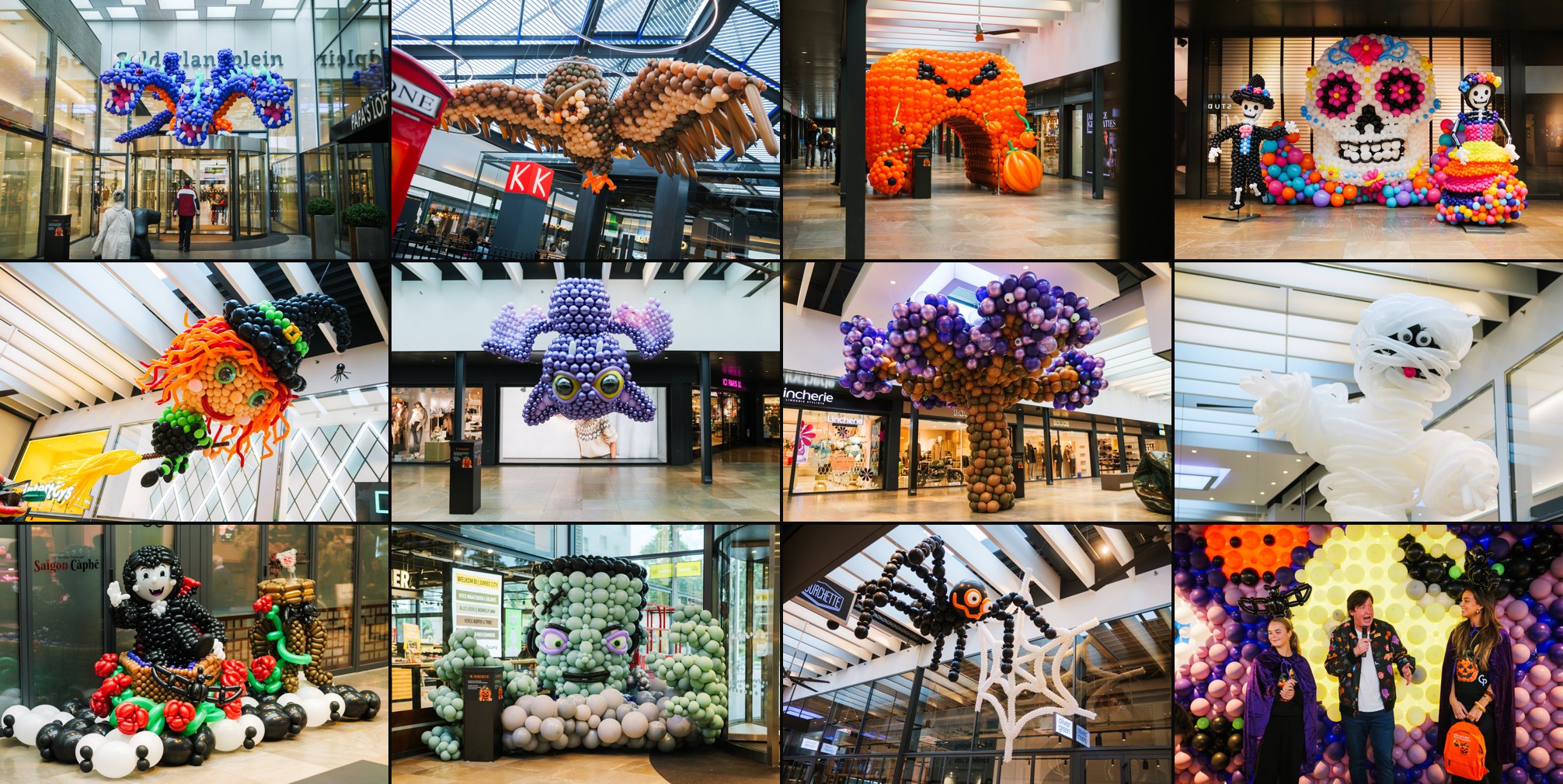 Collage of twelve balloon sculptures from the Halloween hunt at Gelderlandplein (2026) — Photo: zestien:negen